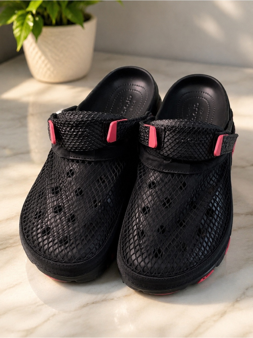 CROCS Black Mesh Clog Sandals with Pink Accents